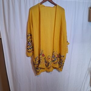 Yellow Embroidered Kimono Cardigan